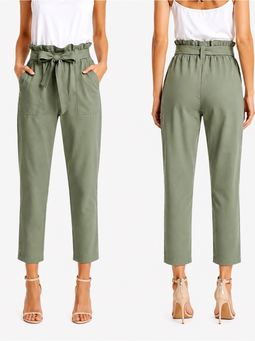 NWT Grace Karin Paperbag Waist Tie Pants Olive Green Cropped Size Small